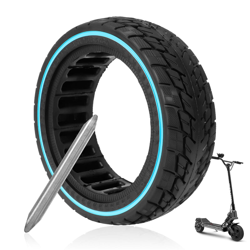 Загрузить изображение в просмотрщик галереи, Ulip 8.5x2.5 solid scooter tire for Dualtron Mini & Speedway Leger, off-road durable rubber wheel with blue circle detail.