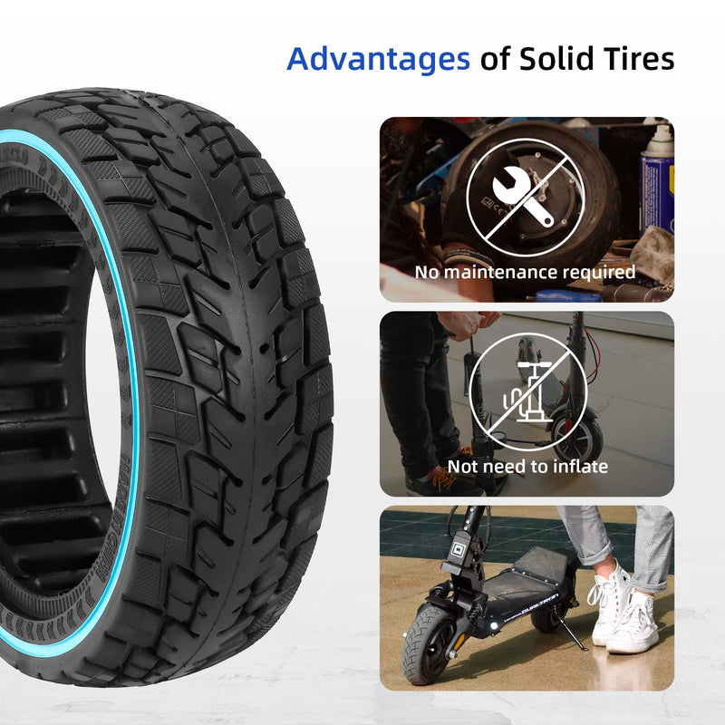 Загрузить изображение в просмотрщик галереи, Ulip 8.5x2.5 solid tire for Dualtron Mini and Speedway Leger scooters, off-road wheel with blue circle detail.