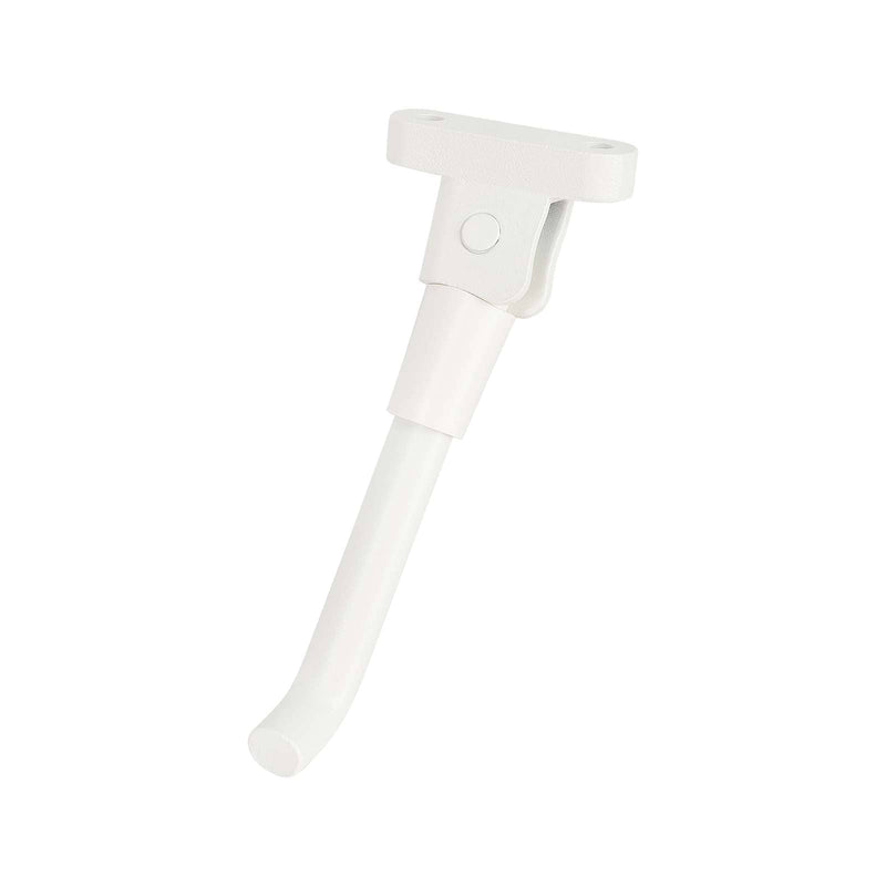 Загрузить изображение в просмотрщик галереи, White scooter kickstand support for Xiaomi M365 and Pro electric scooters, replacement part with metal feet and mounting bracket.