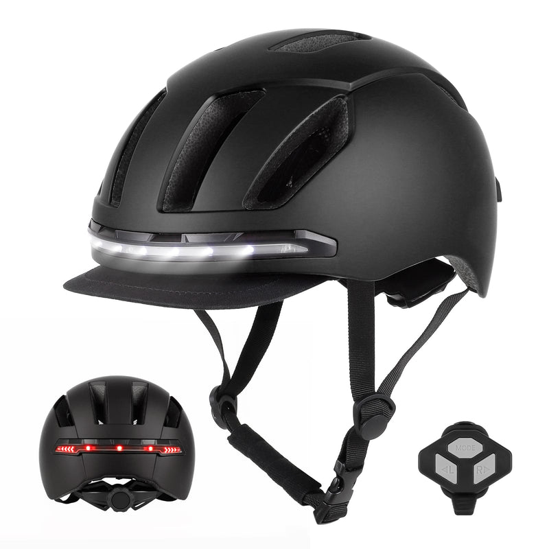 Загрузить изображение в просмотрщик галереи, Black smart bike helmet with front and rear LED lights and remote control for cycling safety