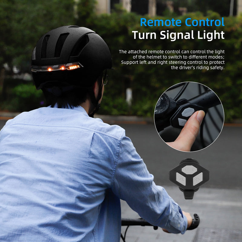 Загрузить изображение в просмотрщик галереи, Cyclist wearing helmet with LED turn signal lights, using remote control on handlebar