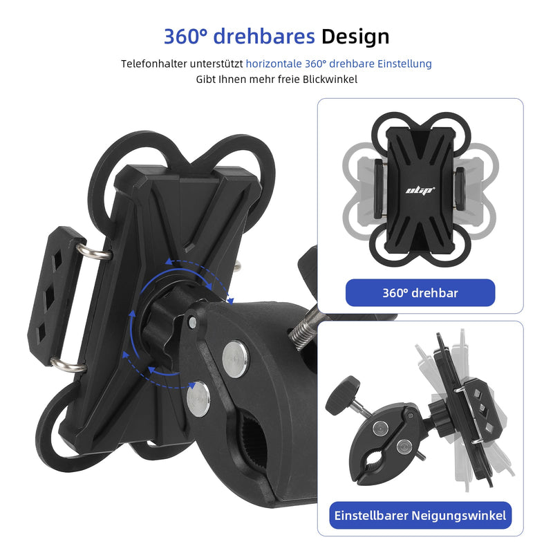 Cargue la imagen en el visor de la galería, Ulip bike phone mount with clamp arms, anti-shake design, 360° rotation, fits smartphones 4-7 inches, scooter accessories.