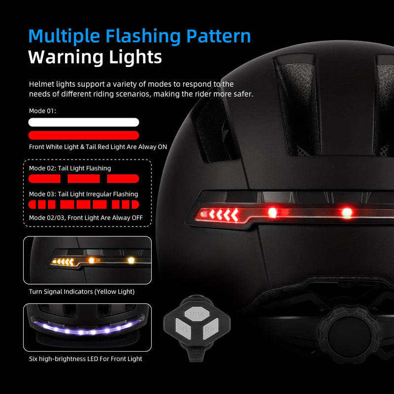 Загрузить изображение в просмотрщик галереи, Smart bike helmet with multiple LED warning lights, flashing modes, turn signals, and remote control.