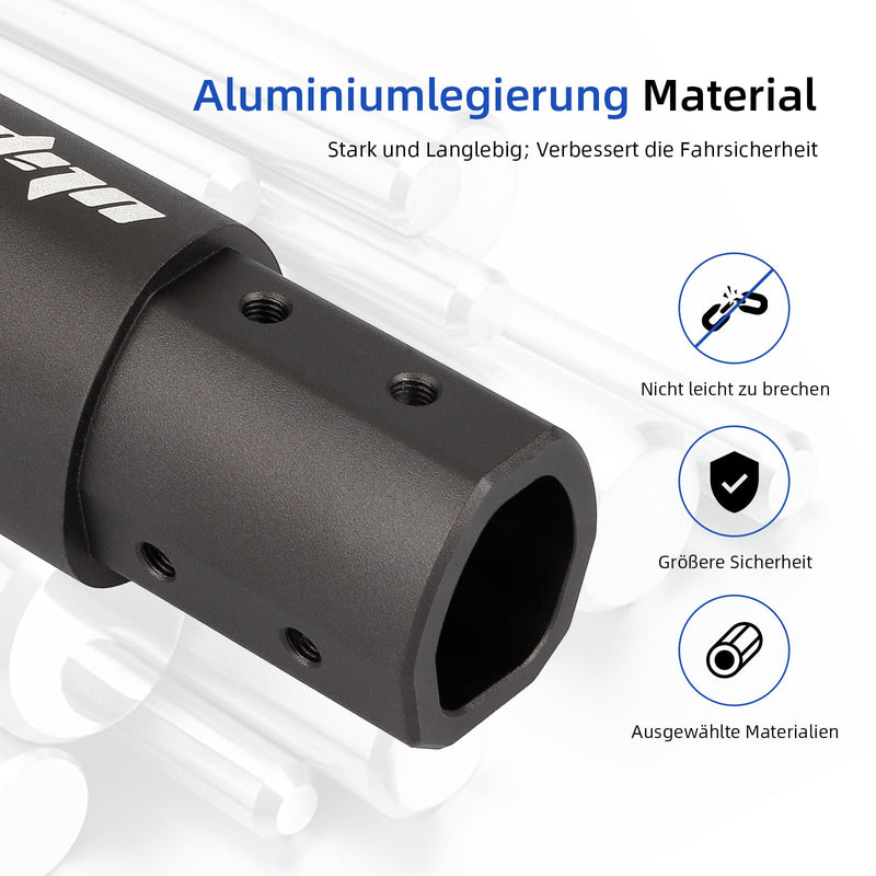 Load image into Gallery viewer, Black aluminum alloy scooter or bike part with safety and durability icons, German text emphasizes strength and quality material.