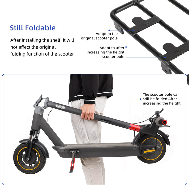 Chargez l'image dans la visionneuse de la galerie, Foldable electric scooter with height-adjustable pole and detachable rear shelf.