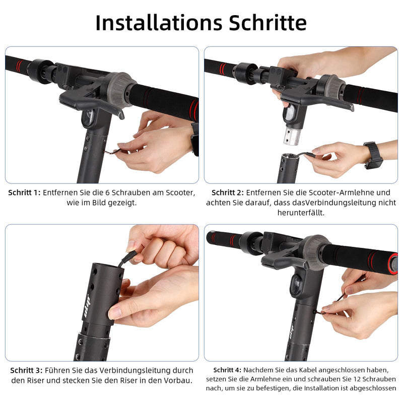 Load image into Gallery viewer, Step-by-step electric scooter handlebar installation guide with close-up hand images and instructions in German