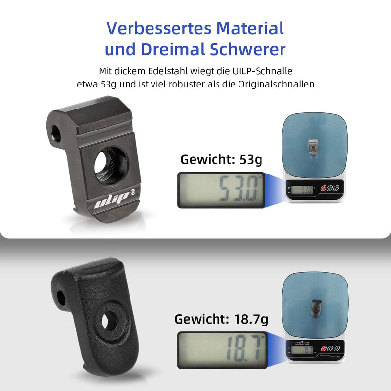 Cargue la imagen en el visor de la galería, Comparison of two metal buckle parts on scales, one weighing 53g and another 18.7g, with close-up detail.