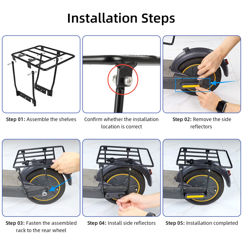 Chargez l'image dans la visionneuse de la galerie, Step-by-step guide for installing a rear rack on an electric scooter with side reflectors.