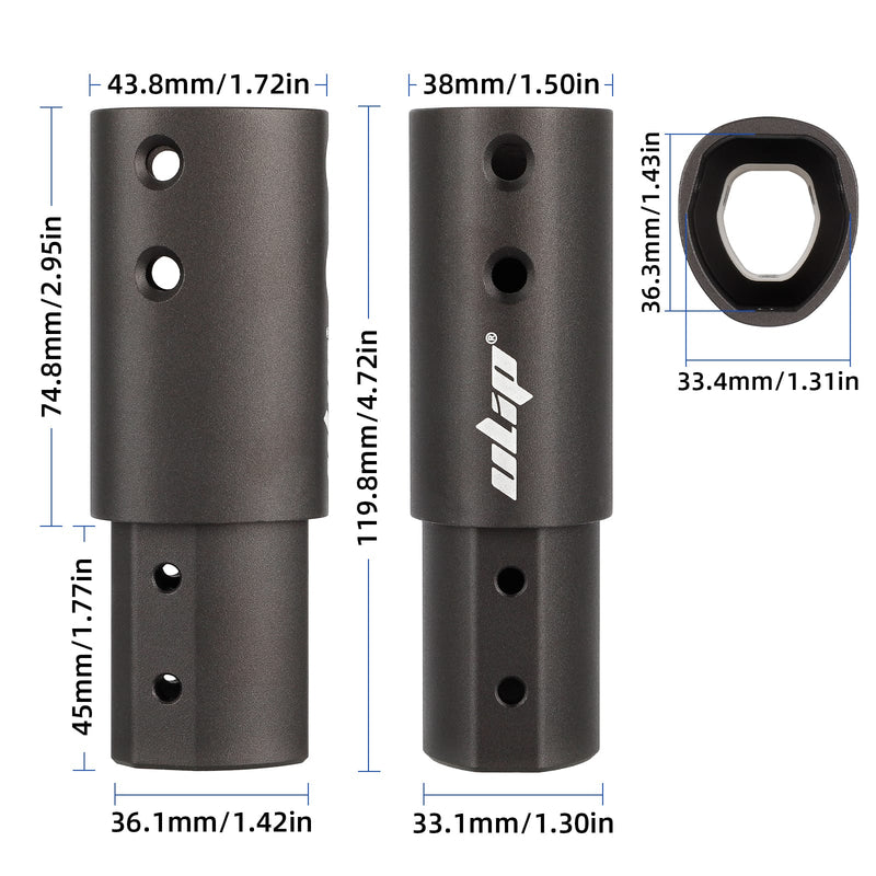 Load image into Gallery viewer, Adjustable aluminum tube connector with measurements, black finish, multiple drilled holes