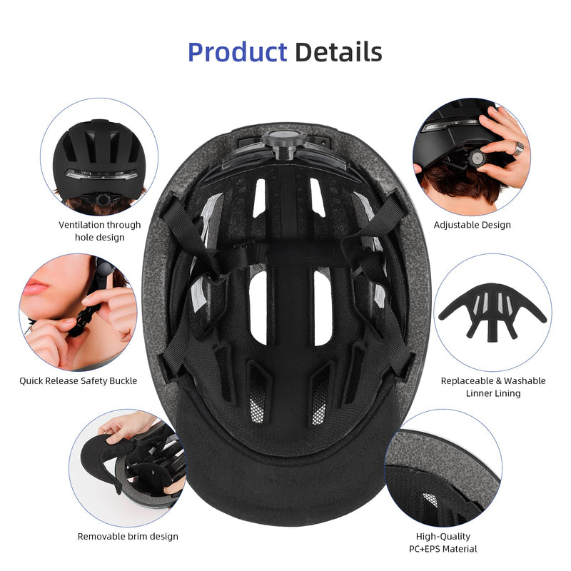 Загрузить изображение в просмотрщик галереи, Black bike helmet with adjustable fit, ventilation holes, quick release buckle, removable brim, washable liner, and durable PC+EPS material.