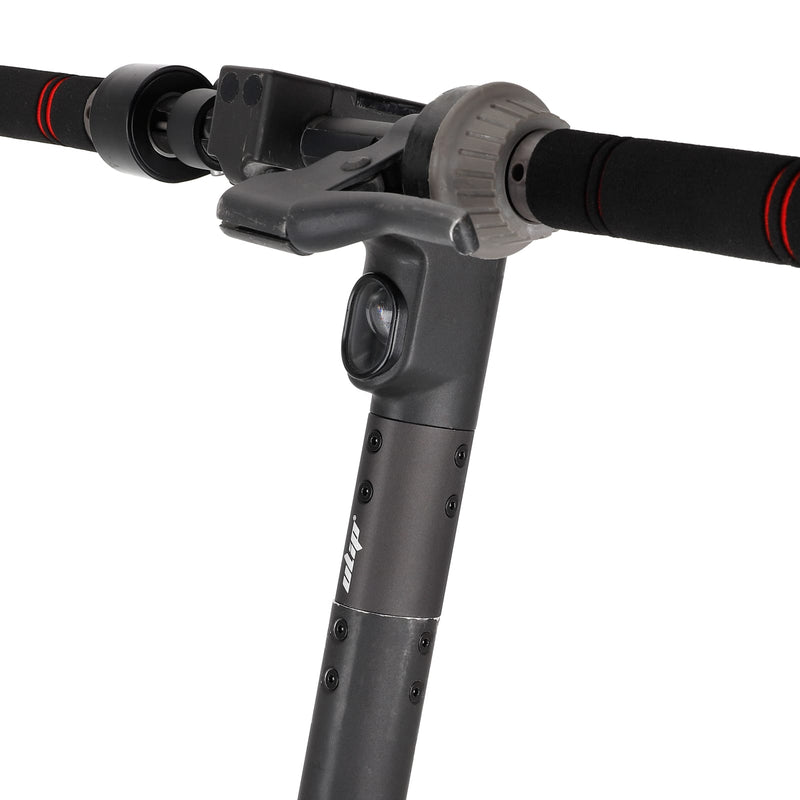 Load image into Gallery viewer, Close-up of black electric scooter handlebars and folding mechanism