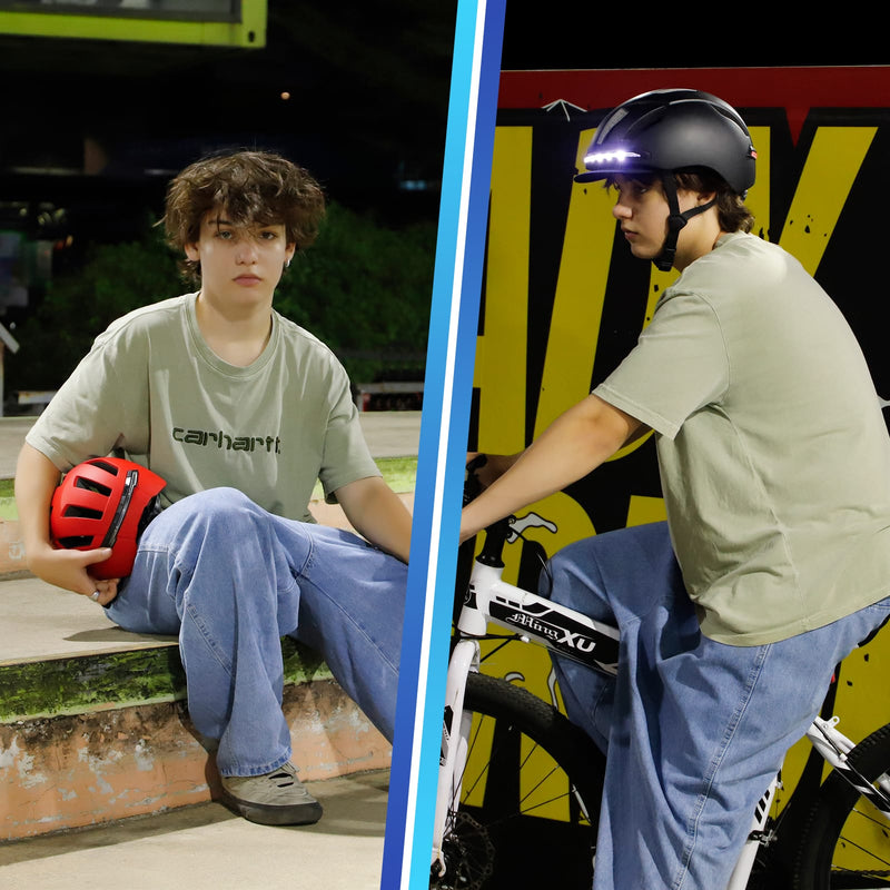 Загрузить изображение в просмотрщик галереи, Young person in green t-shirt and jeans, holding and wearing a bicycle helmet outdoors at night.