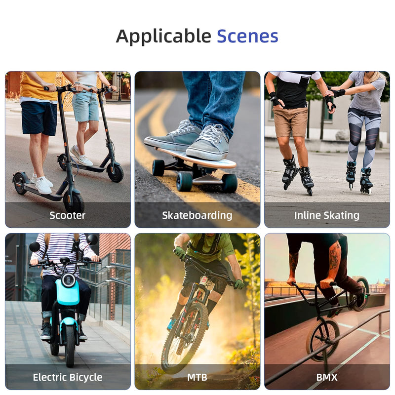 Загрузить изображение в просмотрщик галереи, Collage showing people riding scooters, skateboard, inline skates, electric bicycle, mountain bike, and BMX, highlighting mobility and outdoor activities.