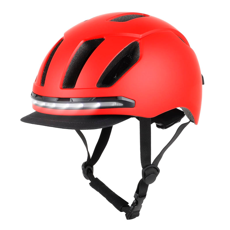 Загрузить изображение в просмотрщик галереи, Red bike helmet with LED front light, ventilation slots, and adjustable chin strap