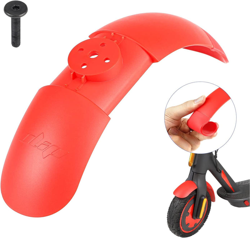 Chargez l'image dans la visionneuse de la galerie, Red scooter front mudguard with mounting screw, flexible material, and installation example.