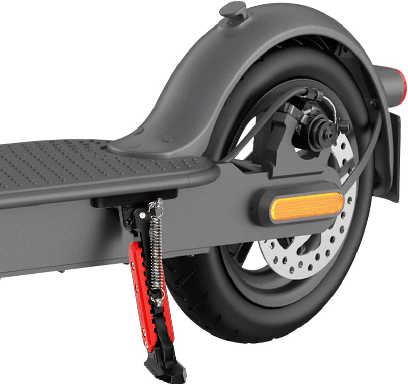 Load image into Gallery viewer, Rear wheel and kickstand of electric scooter with disc brake and orange reflector