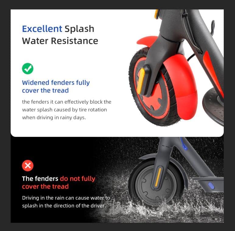Chargez l'image dans la visionneuse de la galerie, Electric scooter front wheel comparison showing wide red fender blocking water splash versus a standard fender in wet conditions.