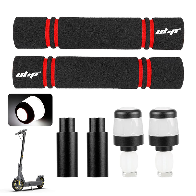 Load image into Gallery viewer, Ulip handlebar grips with aluminum extension and rechargeable LED turn signals on a Segway Ninebot Max G30 scooter handlebar