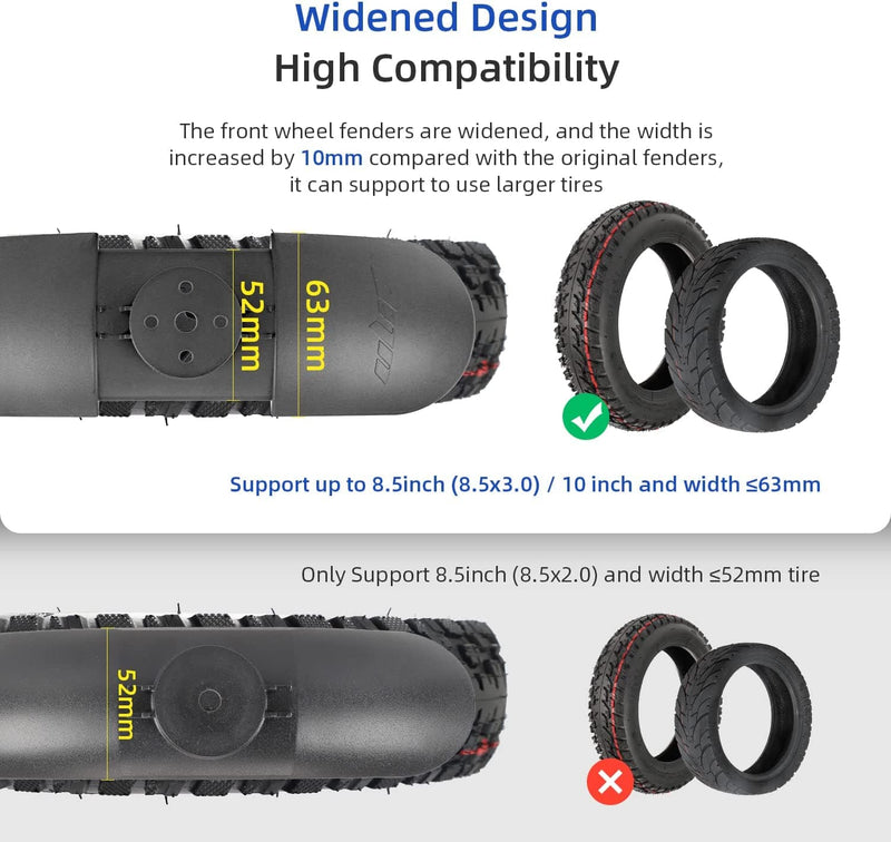Chargez l'image dans la visionneuse de la galerie, Comparison of widened and standard scooter fender designs with compatible tire sizes, showing width measurements for proper fit.