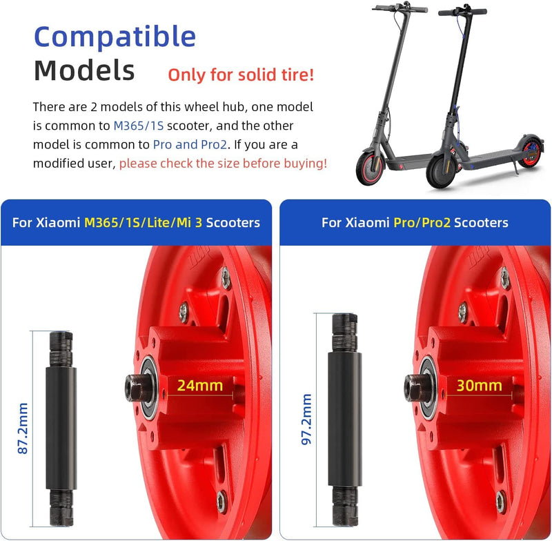 Chargez l'image dans la visionneuse de la galerie, Red solid tire wheel hub comparison for Xiaomi electric scooters, showing bolt size and compatibility for M365, 1S, Lite, Mi 3, Pro, and Pro2 models.