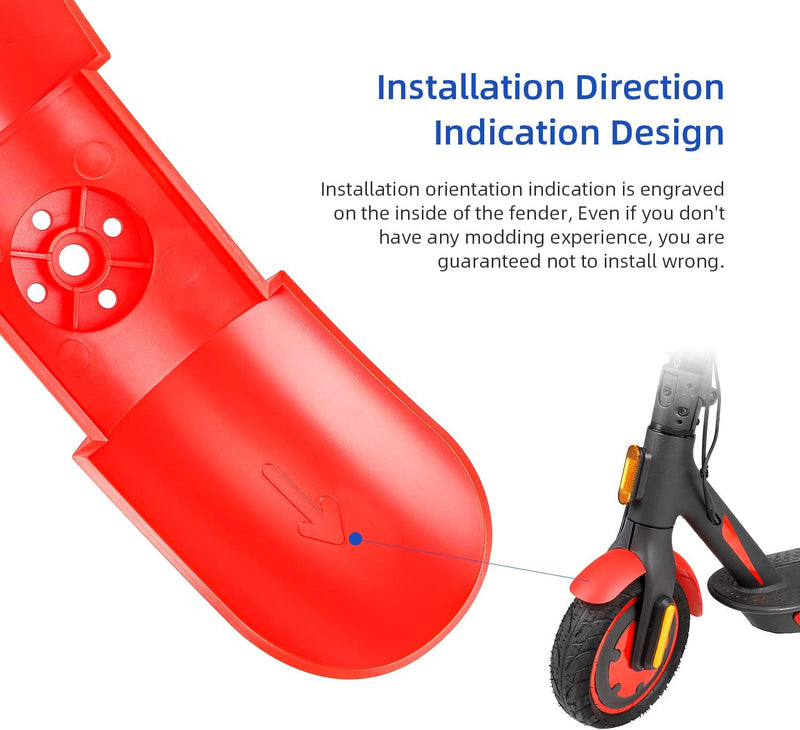 Chargez l'image dans la visionneuse de la galerie, Red electric scooter fender with engraved arrow for installation direction, shown near scooter front wheel.