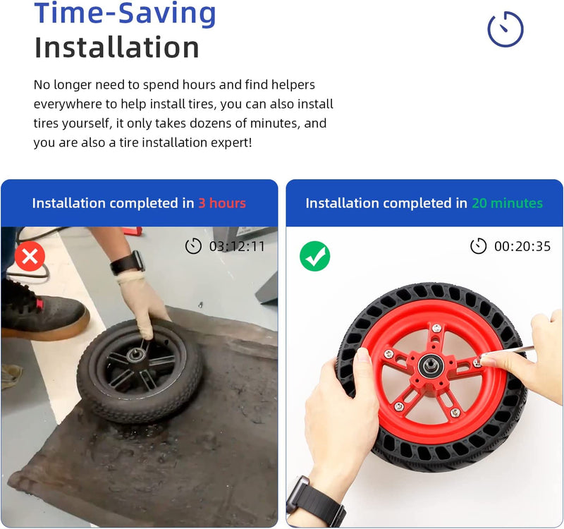 Chargez l'image dans la visionneuse de la galerie, Comparison of tire installations showing a traditional black tire taking 3 hours and a red rim solid tire taking 20 minutes.