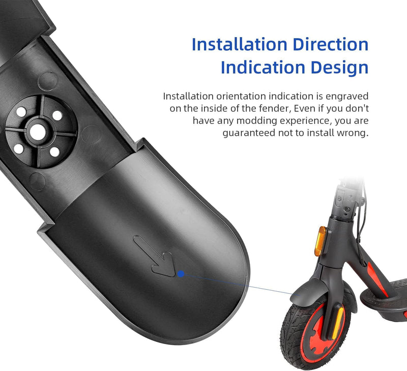 Chargez l'image dans la visionneuse de la galerie, Black scooter front fender with direction arrow for easy installation, shown on electric scooter.