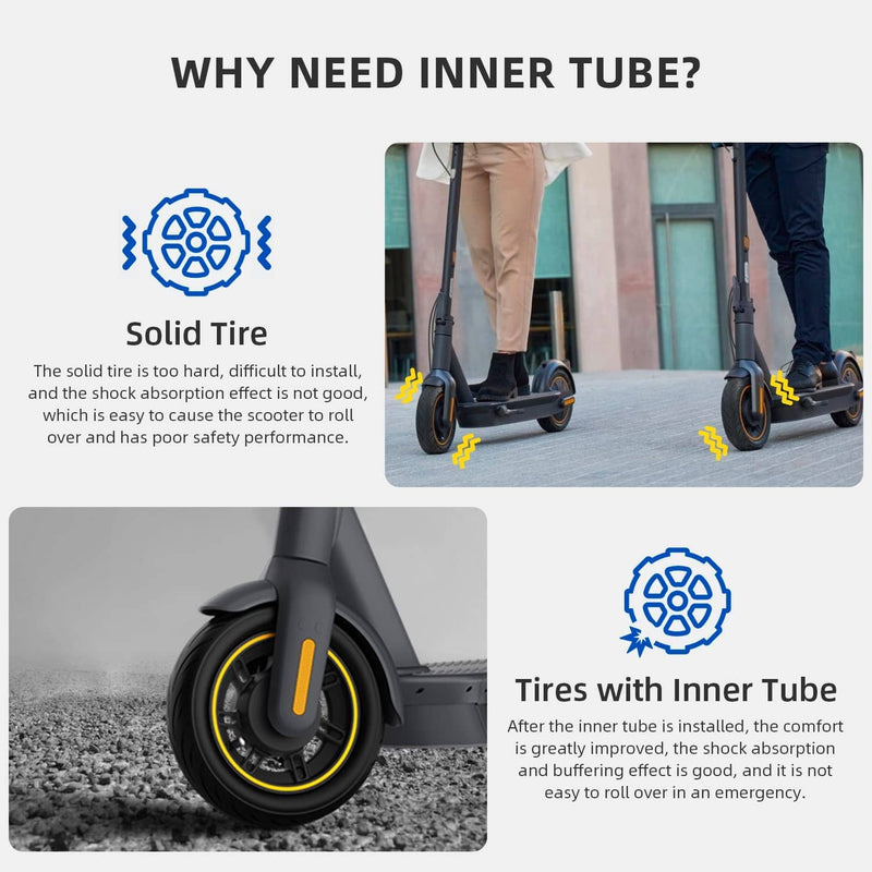 Cargue la imagen en el visor de la galería, Electric scooters comparison showing benefits of inner tube tires versus solid tires with shock absorption icons.