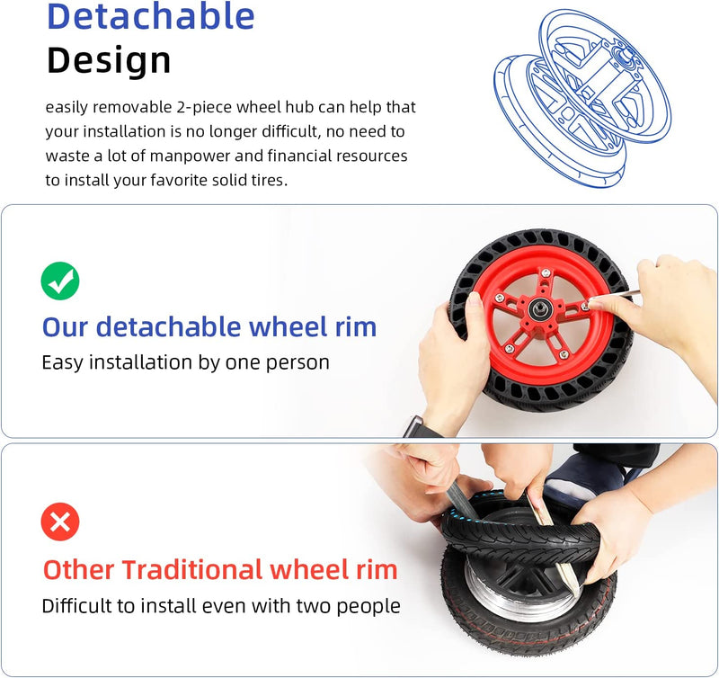 Chargez l'image dans la visionneuse de la galerie, Detachable red wheel rim for easy single-person installation versus traditional hard-to-install wheel rim shown with tools and hands.