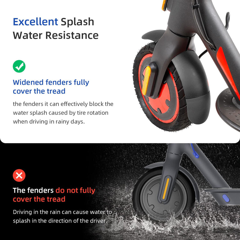 Chargez l'image dans la visionneuse de la galerie, Close-up comparison of electric scooter front wheels with wide and narrow fenders for water resistance.