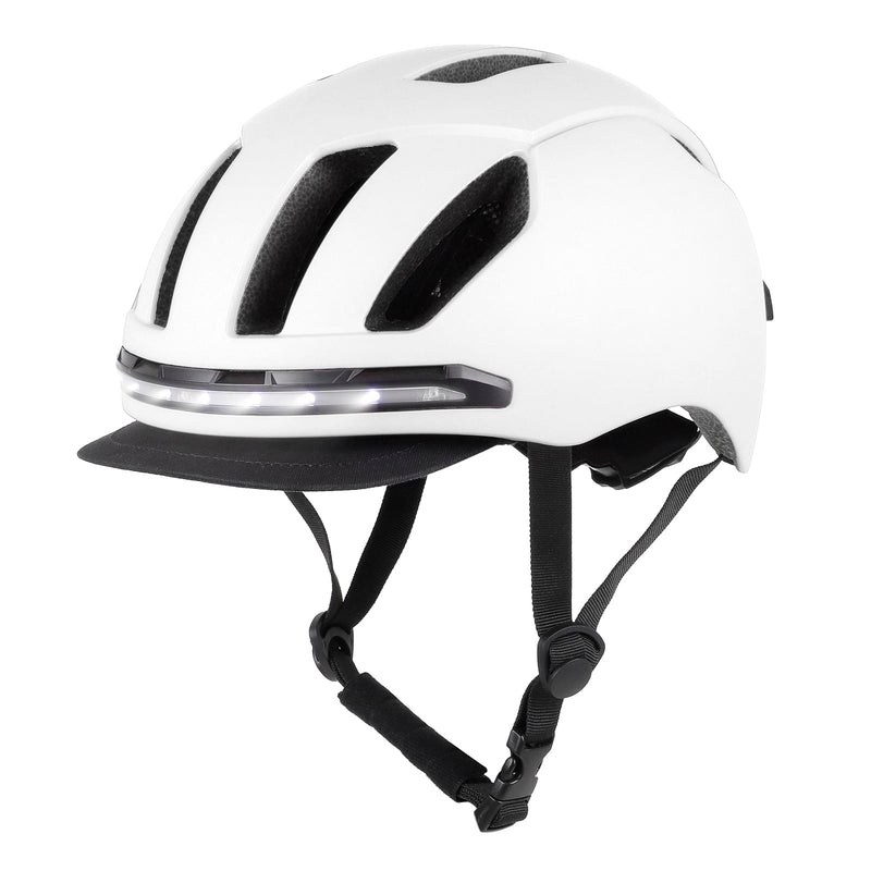 Загрузить изображение в просмотрщик галереи, White bicycle helmet with LED front light, ventilation holes, and adjustable chin strap