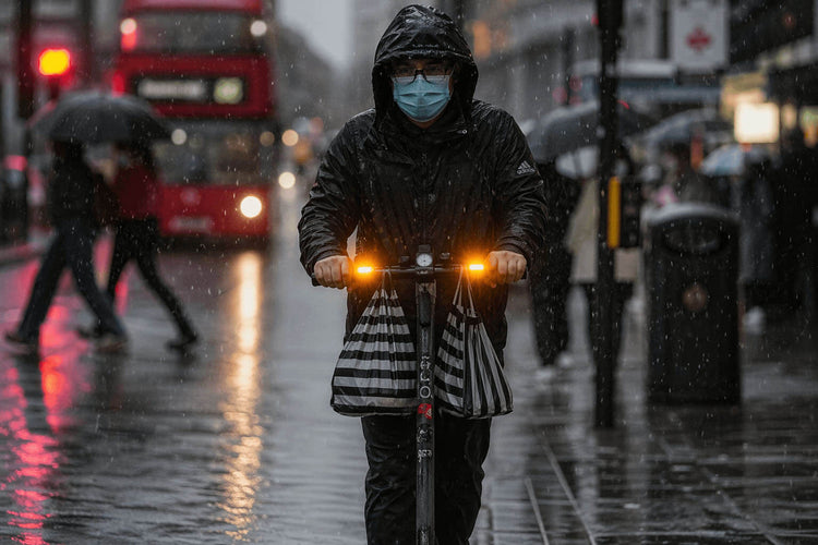 A man riding an electric scooter in the rain using turn signals and bright lights for safety in a city setting